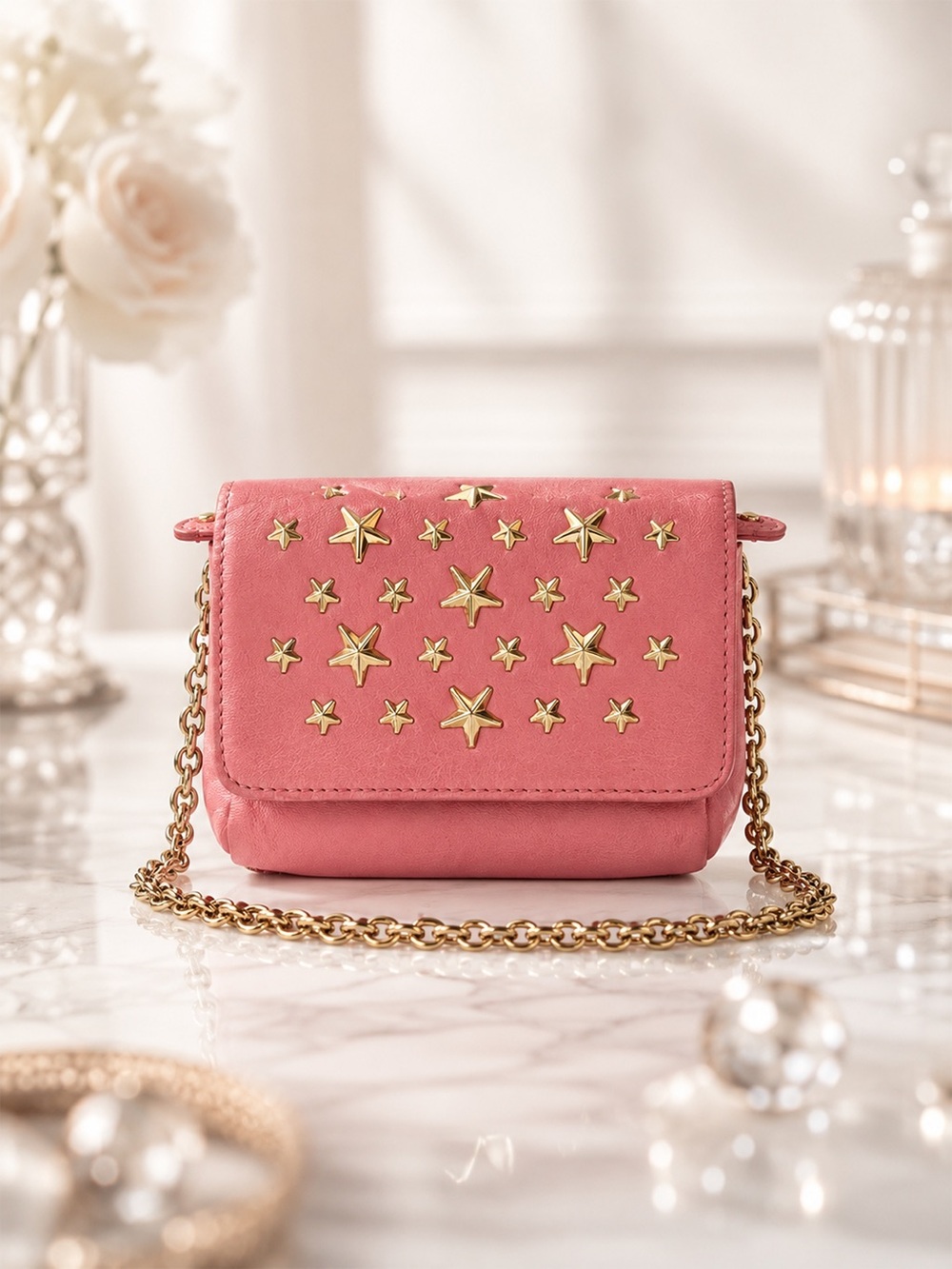 Jimmy Choo Rebel Mini Star Studded Leather Bag | Rose Pink Crossbody | Full Set